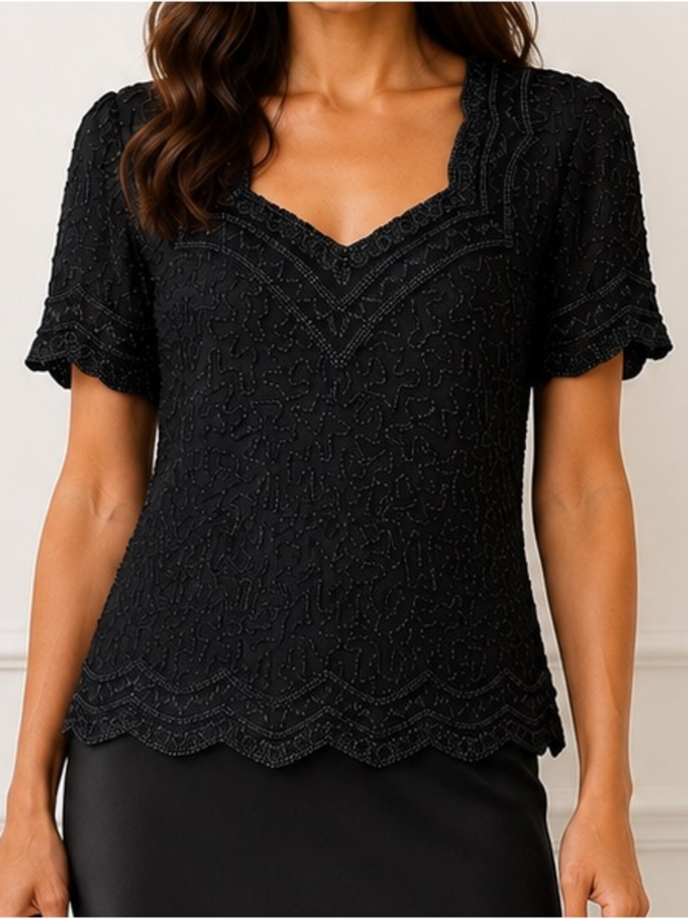 Vintage Cote d’Azur Evenings Silk Beaded Blouse Scalloped Hem Black Size XL NWT